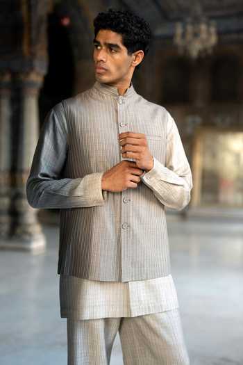 Dash And Dot Grey Viscose Embroidery Stripe Bundi at Aza Fashions Dash And Dot_Grey Viscose Embroidery Stripe Bundi _at_Aza_Fashions