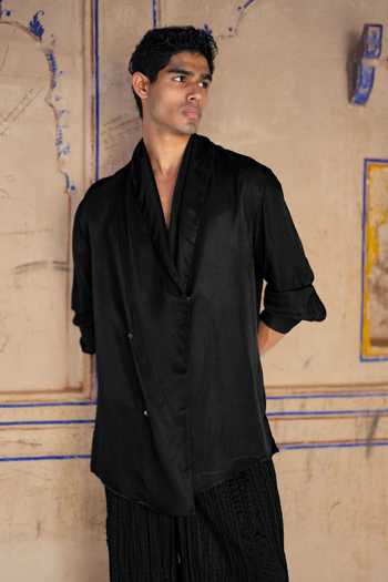 Dash And Dot Black Viscose Draped Collar Overlapped Shirt And Pant Set Online at Aza Fashions Dash And Dot_Black Viscose Draped Collar Overlapped Shirt And Pant Set _Online_at_Aza_Fashions