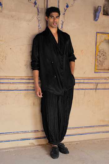 Shop Dash And Dot Black Viscose Draped Collar Overlapped Shirt And Pant Set Online at Aza Fashions Shop_Dash And Dot_Black Viscose Draped Collar Overlapped Shirt And Pant Set _Online_at_Aza_Fashions