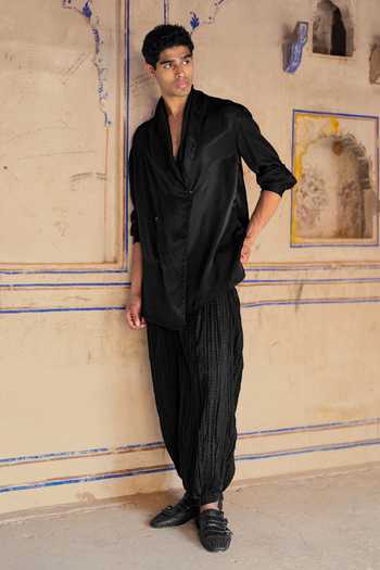Dash And Dot Black Viscose Draped Collar Overlapped Shirt And Pant Set at Aza Fashions Dash And Dot_Black Viscose Draped Collar Overlapped Shirt And Pant Set _at_Aza_Fashions