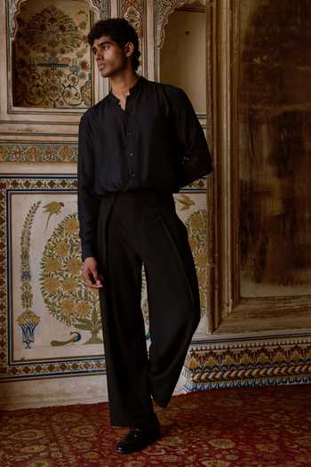 Buy_Dash And Dot_Black Viscose Satin Twill Straight Cut Pant _Online_at_Aza_Fashions
