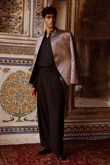 Buy Dash And Dot Black Viscose, Lurex Banarasi Blazer And Straight-cut Pant Buy_Dash And Dot_Black Viscose, Lurex Banarasi Blazer And Straight-cut Pant