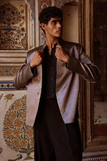 Shop Dash And Dot Black Viscose, Polyester, Lurex Banarasi Blazer And Straight Cut Pant Set Online at Aza Fashions Shop_Dash And Dot_Black Viscose, Polyester, Lurex Banarasi Blazer And Straight Cut Pant Set _Online_at_Aza_Fashions