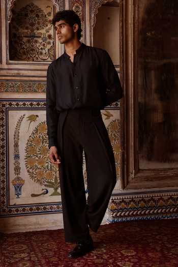 Dash And Dot Black Viscose, Polyester, Lurex Banarasi Blazer And Straight Cut Pant Set at Aza Fashions Dash And Dot_Black Viscose, Polyester, Lurex Banarasi Blazer And Straight Cut Pant Set _at_Aza_Fashions