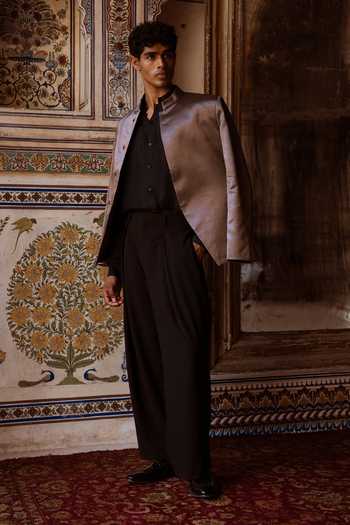 Buy Dash And Dot Black Viscose, Polyester, Lurex Banarasi Blazer And Straight Cut Pant Set Buy_Dash And Dot_Black Viscose, Polyester, Lurex Banarasi Blazer And Straight Cut Pant Set