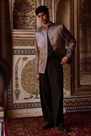 Shop Dash And Dot Black Viscose, Polyester, Lurex Banarasi Blazer And Straight Cut Pant Set Shop_Dash And Dot_Black Viscose, Polyester, Lurex Banarasi Blazer And Straight Cut Pant Set