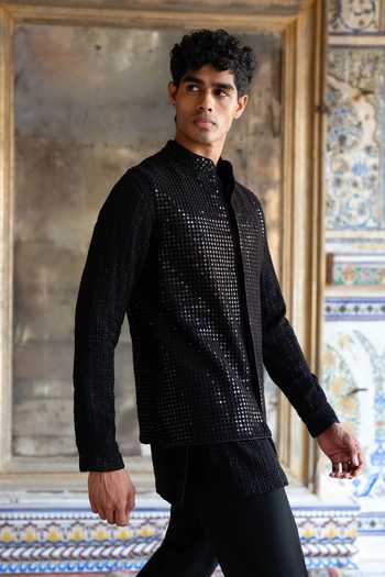 Dash And Dot Black Viscose, Nylon Mirrors Work Bundi Jacket Online at Aza Fashions Dash And Dot_Black Viscose, Nylon Mirrors Work Bundi Jacket _Online_at_Aza_Fashions