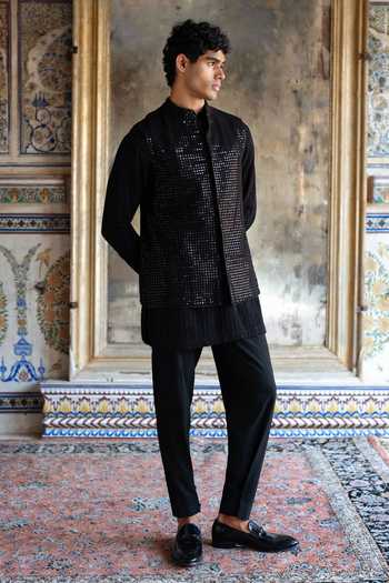 Shop Dash And Dot Black Viscose, Nylon Mirrors Work Bundi Jacket Online at Aza Fashions Shop_Dash And Dot_Black Viscose, Nylon Mirrors Work Bundi Jacket _Online_at_Aza_Fashions