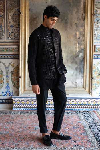 Dash And Dot Black Viscose, Nylon Mirrors Work Bundi Jacket at Aza Fashions Dash And Dot_Black Viscose, Nylon Mirrors Work Bundi Jacket _at_Aza_Fashions