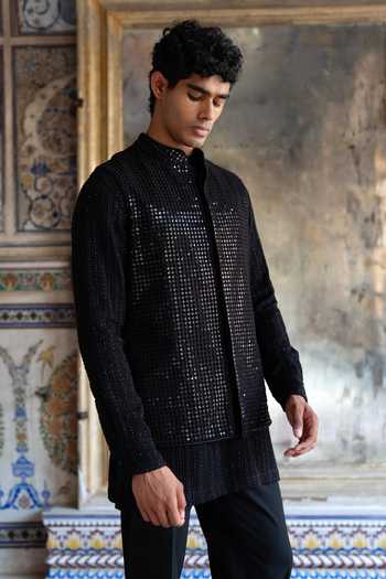 Buy Dash And Dot Black Cotton, Viscose, Polyester, Mirror Work Bundi And Buttoned Cuff Pant Set Online at Aza Fashions Buy_Dash And Dot_Black Cotton, Viscose, Polyester, Mirror Work Bundi And Buttoned Cuff Pant Set _Online_at_Aza_Fashions