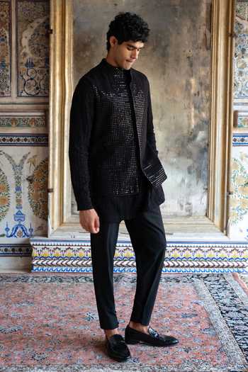 Dash And Dot Black Cotton, Viscose, Polyester, Mirror Work Bundi And Buttoned Cuff Pant Set at Aza Fashions Dash And Dot_Black Cotton, Viscose, Polyester, Mirror Work Bundi And Buttoned Cuff Pant Set _at_Aza_Fashions