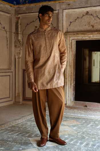 Shop Dash And Dot Beige Viscose, Nylon Heritage Embroidered Short Kurta Online at Aza Fashions Shop_Dash And Dot_Beige Viscose, Nylon Heritage Embroidered Short Kurta _Online_at_Aza_Fashions