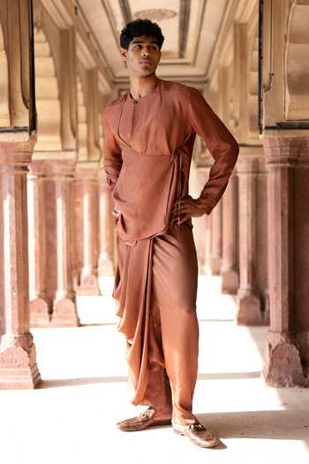 Dash And Dot Brown Viscose Overlap Angarkha Shirt Kurta Online at Aza Fashions Dash And Dot_Brown Viscose Overlap Angarkha Shirt Kurta _Online_at_Aza_Fashions