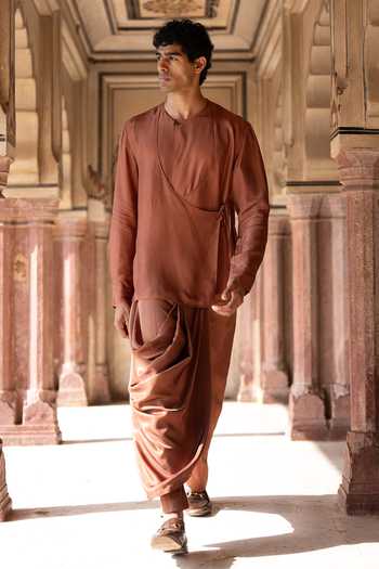 Shop Dash And Dot Brown Viscose Overlap Angarkha Shirt Kurta Online at Aza Fashions Shop_Dash And Dot_Brown Viscose Overlap Angarkha Shirt Kurta _Online_at_Aza_Fashions