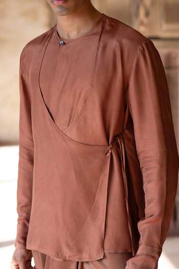 Dash And Dot Brown Viscose Overlap Angarkha Shirt Kurta at Aza Fashions Dash And Dot_Brown Viscose Overlap Angarkha Shirt Kurta _at_Aza_Fashions