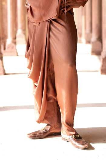 Dash And Dot_Brown Viscose Asymmetric Draped Cowl Pant _Online_at_Aza_Fashions