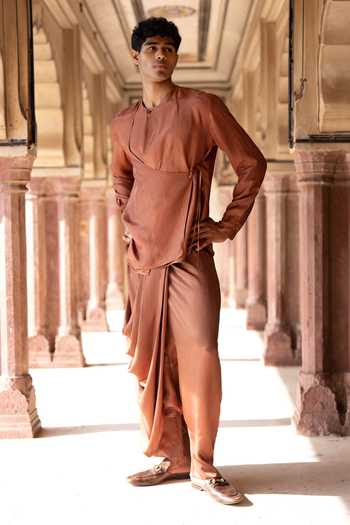 Buy_Dash And Dot_Brown Viscose Asymmetric Draped Cowl Pant _Online_at_Aza_Fashions