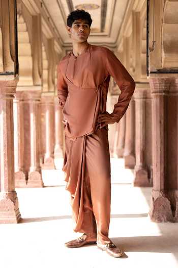 Buy Dash And Dot Brown Viscose Overlap Angarkha Kurta And Draped Cowl Pant Set Online at Aza Fashions Buy_Dash And Dot_Brown Viscose Overlap Angarkha Kurta And Draped Cowl Pant Set _Online_at_Aza_Fashions