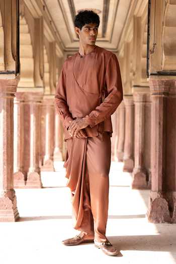 Shop Dash And Dot Brown Viscose Overlap Angarkha Kurta And Draped Cowl Pant Set Online at Aza Fashions Shop_Dash And Dot_Brown Viscose Overlap Angarkha Kurta And Draped Cowl Pant Set _Online_at_Aza_Fashions
