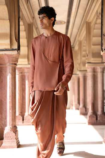 Dash And Dot Brown Viscose Overlap Angarkha Kurta And Draped Cowl Pant Set at Aza Fashions Dash And Dot_Brown Viscose Overlap Angarkha Kurta And Draped Cowl Pant Set _at_Aza_Fashions
