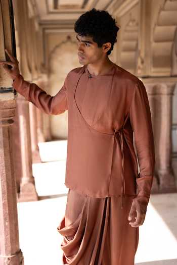 Shop Dash And Dot Brown Viscose Overlap Angarkha Kurta And Draped Cowl Pant Set Shop_Dash And Dot_Brown Viscose Overlap Angarkha Kurta And Draped Cowl Pant Set