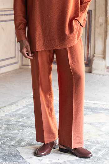 Dash And Dot_Orange Viscose, Nylon Rust Textured Straight Cut Pant _Online_at_Aza_Fashions