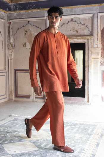 Buy_Dash And Dot_Orange Viscose, Nylon Rust Textured Straight Cut Pant _Online_at_Aza_Fashions