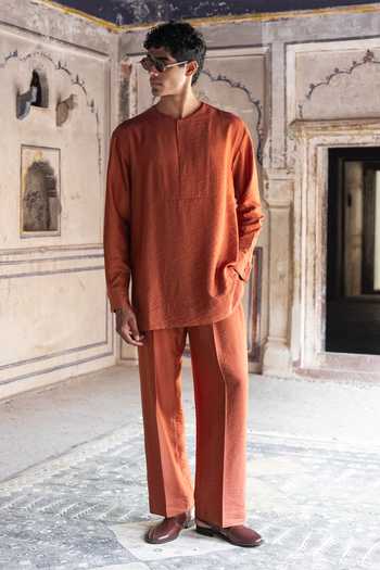 Shop_Dash And Dot_Orange Viscose, Nylon Rust Textured Straight Cut Pant _Online_at_Aza_Fashions