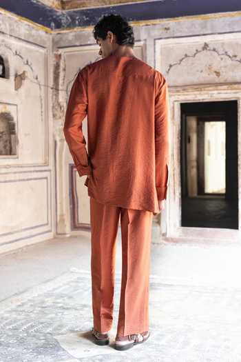 Dash And Dot Rust Textured Kurta & Straight-Cut Pant Set 