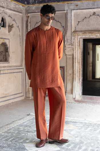 Buy Dash And Dot Orange Viscose, Nylon Rust Textured Kurta And Straight-cut Pant Set Online at Aza Fashions Buy_Dash And Dot_Orange Viscose, Nylon Rust Textured Kurta And Straight-cut Pant Set _Online_at_Aza_Fashions