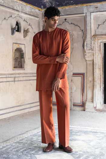 Shop Dash And Dot Orange Viscose, Nylon Rust Textured Kurta And Straight-cut Pant Set Online at Aza Fashions Shop_Dash And Dot_Orange Viscose, Nylon Rust Textured Kurta And Straight-cut Pant Set _Online_at_Aza_Fashions