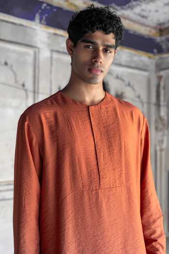 Dash And Dot Orange Viscose, Nylon Rust Textured Kurta And Straight-cut Pant Set at Aza Fashions Dash And Dot_Orange Viscose, Nylon Rust Textured Kurta And Straight-cut Pant Set _at_Aza_Fashions