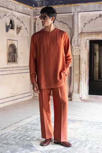 Dash And Dot Rust Textured Kurta & Straight-Cut Pant Set 