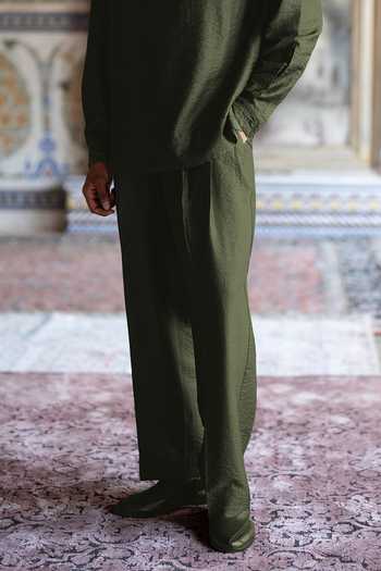 Dash And Dot Olive Green Viscose, Nylon Textured Straight Cut Pant Online at Aza Fashions Dash And Dot_Olive Green Viscose, Nylon Textured Straight Cut Pant _Online_at_Aza_Fashions