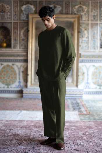 Buy Dash And Dot Olive Green Viscose, Nylon Textured Straight Cut Pant Online at Aza Fashions Buy_Dash And Dot_Olive Green Viscose, Nylon Textured Straight Cut Pant _Online_at_Aza_Fashions