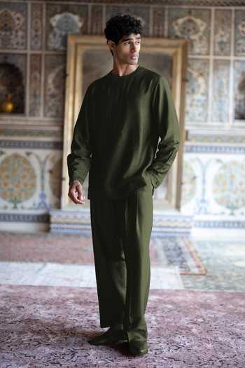 Shop Dash And Dot Olive Green Viscose, Nylon Textured Straight Cut Pant Online at Aza Fashions Shop_Dash And Dot_Olive Green Viscose, Nylon Textured Straight Cut Pant _Online_at_Aza_Fashions