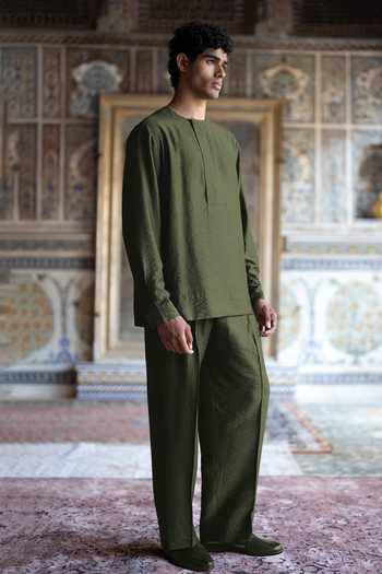 Dash And Dot Olive Green Viscose, Nylon Textured Straight Cut Pant at Aza Fashions Dash And Dot_Olive Green Viscose, Nylon Textured Straight Cut Pant _at_Aza_Fashions
