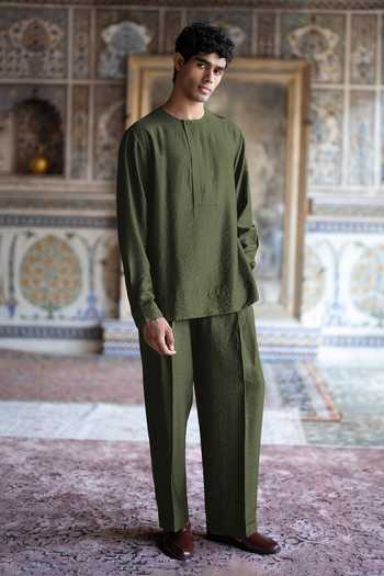 Buy Dash And Dot Olive Green Viscose, Nylon Textured Straight Cut Pant Buy_Dash And Dot_Olive Green Viscose, Nylon Textured Straight Cut Pant