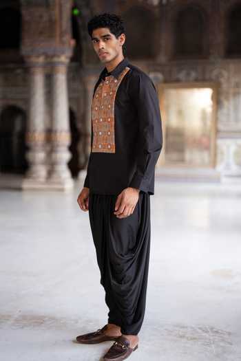 Buy Dash And Dot Black Cotton, Polyester Mirror And Thread Embroidered Kurta With Dhoti Pant Online at Aza Fashions Buy_Dash And Dot_Black Cotton, Polyester Mirror And Thread Embroidered Kurta With Dhoti Pant _Online_at_Aza_Fashions