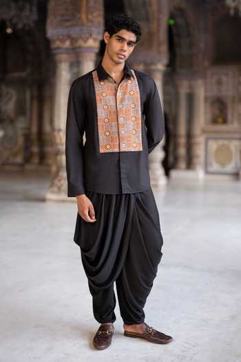 Shop Dash And Dot Black Cotton, Polyester Mirror And Thread Embroidered Kurta With Dhoti Pant Online at Aza Fashions Shop_Dash And Dot_Black Cotton, Polyester Mirror And Thread Embroidered Kurta With Dhoti Pant _Online_at_Aza_Fashions