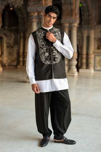Dash And Dot_Black Viscose, Polyester Front Pleated Pant _at_Aza_Fashions