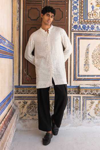Dash And Dot Ivory Viscose Mirror Work Short Kurta Online at Aza Fashions Dash And Dot_Ivory Viscose Mirror Work Short Kurta _Online_at_Aza_Fashions