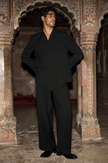 Dash And Dot_Black Viscose, Polyester Overlapping Curved Placket Blazer _Online_at_Aza_Fashions
