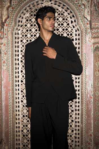 Buy_Dash And Dot_Black Viscose, Polyester Overlapping Curved Placket Blazer _Online_at_Aza_Fashions