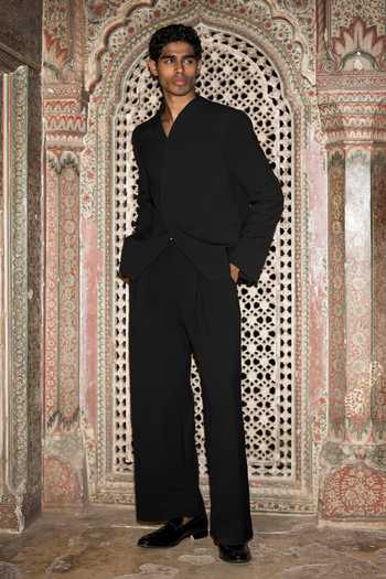Shop_Dash And Dot_Black Viscose, Polyester Overlapping Curved Placket Blazer _Online_at_Aza_Fashions
