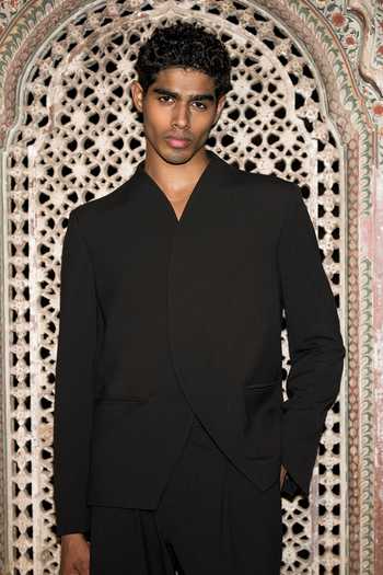 Shop Dash And Dot Black Viscose, Polyester Overlapping Curved Placket Blazer And Pant Set Online at Aza Fashions Shop_Dash And Dot_Black Viscose, Polyester Overlapping Curved Placket Blazer And Pant Set _Online_at_Aza_Fashions