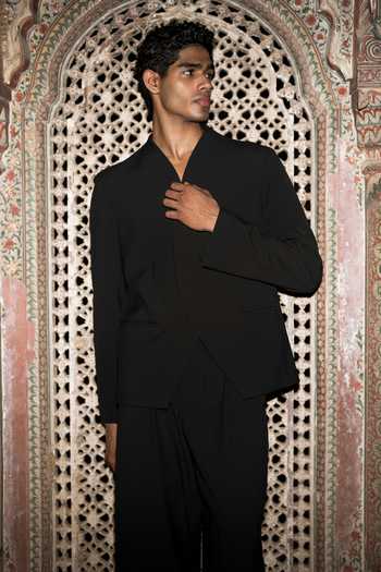 Dash And Dot Black Viscose, Polyester Overlapping Curved Placket Blazer And Pant Set at Aza Fashions Dash And Dot_Black Viscose, Polyester Overlapping Curved Placket Blazer And Pant Set _at_Aza_Fashions