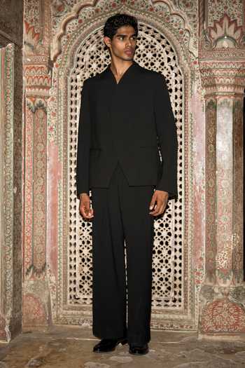 Shop Dash And Dot Black Viscose, Polyester Overlapping Curved Placket Blazer And Pant Set Shop_Dash And Dot_Black Viscose, Polyester Overlapping Curved Placket Blazer And Pant Set