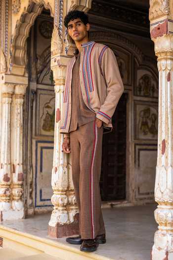 Dash And Dot Beige Polyester Embroidered Textured Shacket Online at Aza Fashions Dash And Dot_Beige Polyester Embroidered Textured Shacket _Online_at_Aza_Fashions