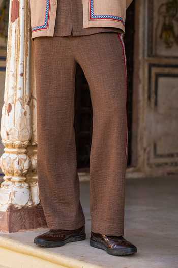 Dash And Dot Brown Polyester Embroidered Textured Straight Cut Pant Online at Aza Fashions Dash And Dot_Brown Polyester Embroidered Textured Straight Cut Pant _Online_at_Aza_Fashions